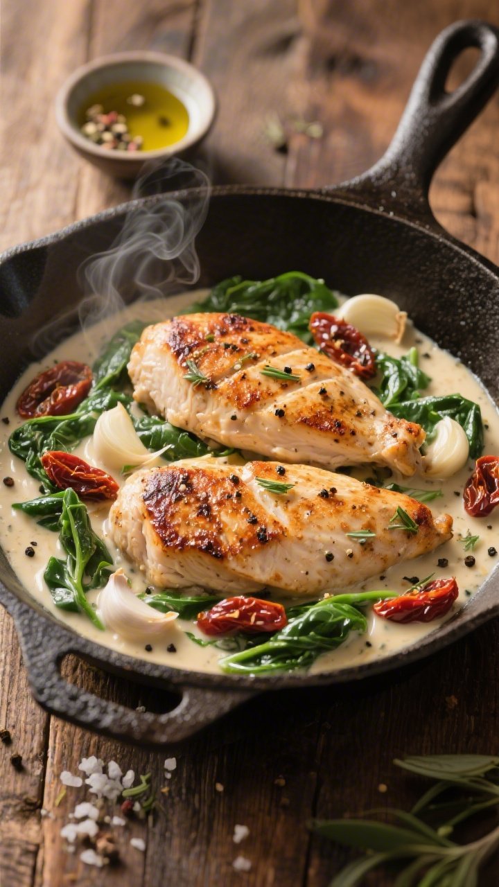 45-degree angle skillet scene of creamy Tuscan garlic chicken: seared chicken breasts with bronzed edges nestled in a luscious cream sauce studded with sautéed garlic, wilted spinach, and sun-dried tomatoes. Seasoning visible: cracked black pepper, sea salt, and Italian herbs clinging to the chicken. Olive oil sheen on the cast-iron skillet, steam subtly rising. Styled on a rustic wooden table with a small dish of extra Italian seasoning and a drizzle of olive oil nearby; warm, cozy mood.