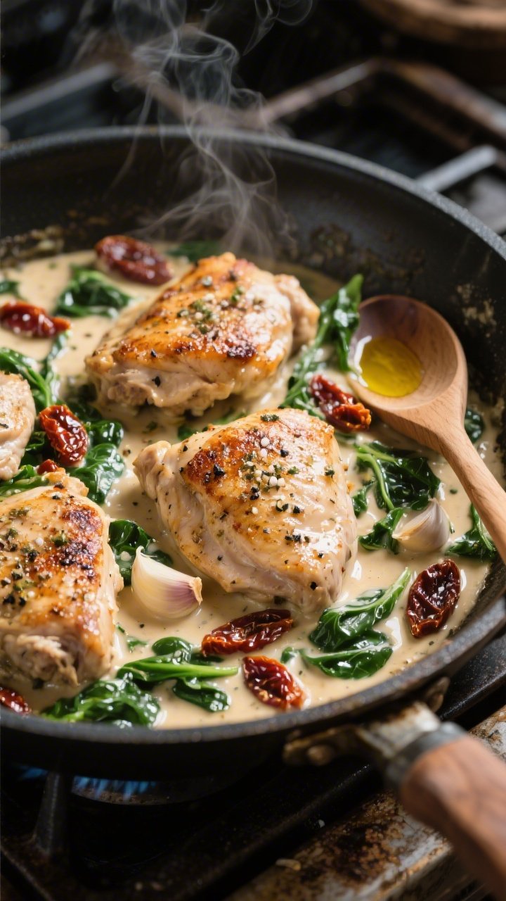 45-degree angle skillet scene of one-pan creamy Tuscan chicken: seared boneless, skinless chicken thighs seasoned with kosher salt, black pepper, and Italian seasoning, nestled in a glossy cream sauce studded with sun-dried tomatoes and wilted spinach; garlic cloves visible in the sauce, a drizzle of olive oil shimmering; set on a rustic stovetop with a wooden spoon resting on the pan edge, steam rising for warmth, Italian comfort mood.