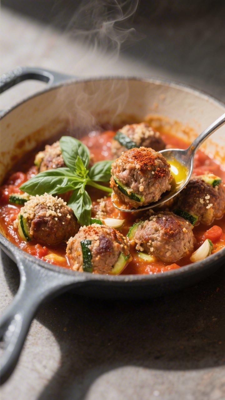 45-degree angle skillet-to-table shot of smoky turkey zucchini meatballs: browned, juicy turkey-zucchini meatballs speckled with smoked paprika and garlic, simmering in a chunky tomato-basil sauce, torn basil leaves on top, light panko crumb texture visible on the meatballs, a drizzle of olive oil on the sauce, served in a shallow braiser with a spoon lifting one meatball to show interior moistness, warm directional light emphasizing gloss and steam