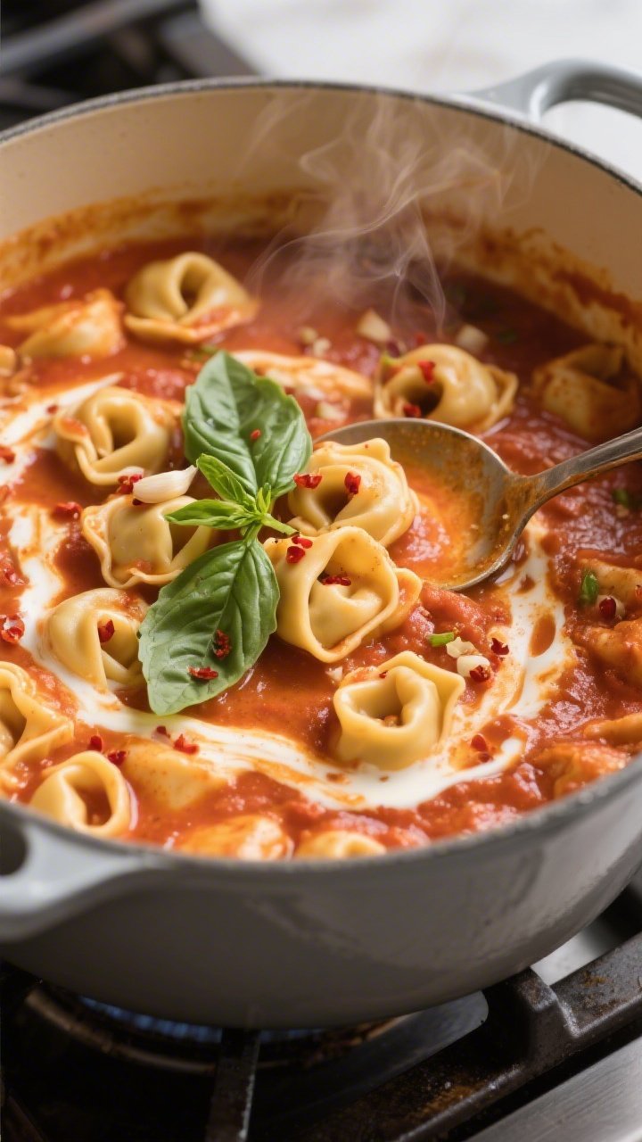 45-degree angle, steamy one-pot creamy tomato basil tortellini: cheese tortellini simmering in a glossy marinara base thinned with broth and swirled with heavy cream, ribbons of fresh basil on top, flecks of red pepper flakes and minced garlic visible, sauce clinging silkily to the pasta; shot in a wide, matte enamel pot on a stovetop, with a ladle partially dipped, warm, cozy light for an inviting, weeknight comfort vibe.