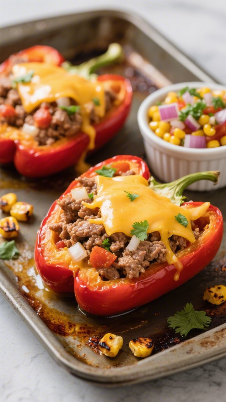 45-degree angle, straight-on view of turkey taco stuffed peppers just out of the oven: halved bell peppers filled with lean ground turkey sautéed with olive oil, finely chopped onion, minced garlic, tomato paste, and taco spices, topped with melty cheddar. Side ramekin of corn salsa, extra chopped onions and cilantro sprinkled around, a few charred corn kernels on the sheet pan, vibrant reds, yellows, and greens, appetizing cheese pull, shallow depth of field.