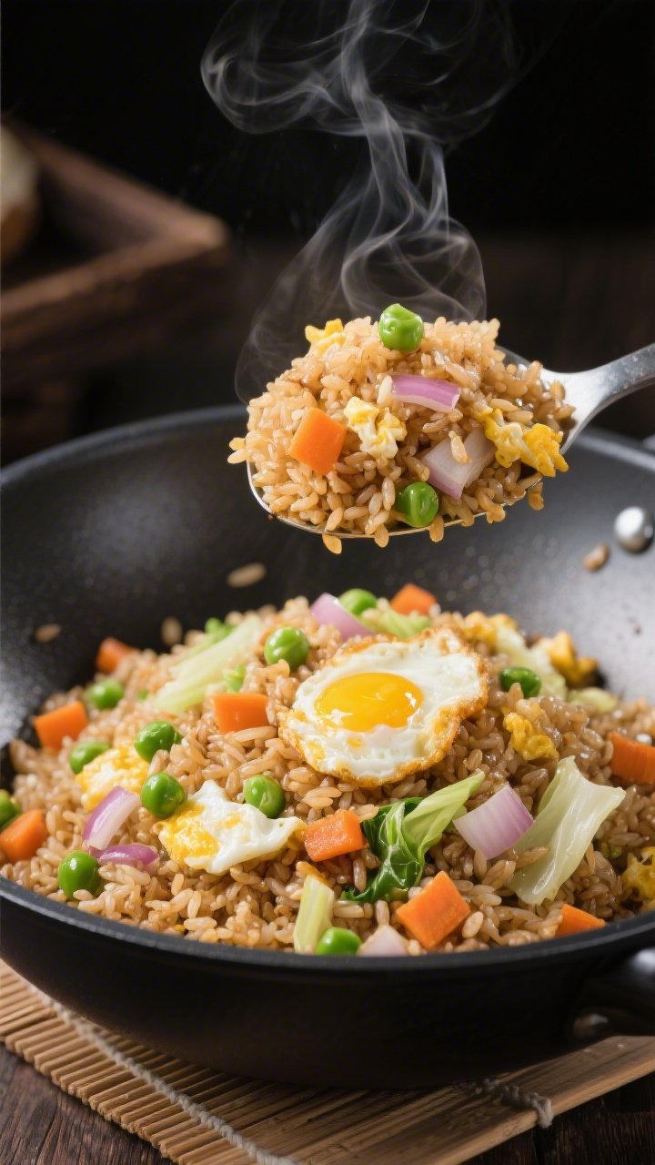 45-degree angle wok shot of veggie-packed egg fried rice: distinct grains of chilled brown jasmine rice tossed with soft-scrambled egg ribbons, diced onion, carrots, bright green peas, and chopped cabbage, all shimmering with a light sheen of neutral oil; a spatula lifting a mound to show fluffy texture, wisps of steam, bits of caramelized onion peeking through; served in a wide, black carbon-steel wok on a bamboo mat.