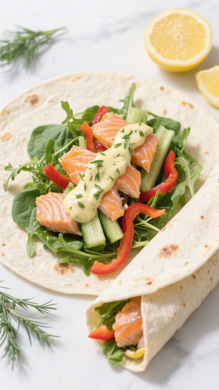 45-degree angle wrap assembly shot for lemon-dill salmon wraps: large flour tortillas laid open with a bed of baby spinach or arugula, flaky cooked salmon, crunchy cucumber matchsticks, thin strips of red bell pepper, and a creamy lemon-dill sauce dolloped down the center; one wrap partially rolled to show filling; lemon wedges and fresh dill sprigs nearby; bright, clean styling that signals freshness and portability.