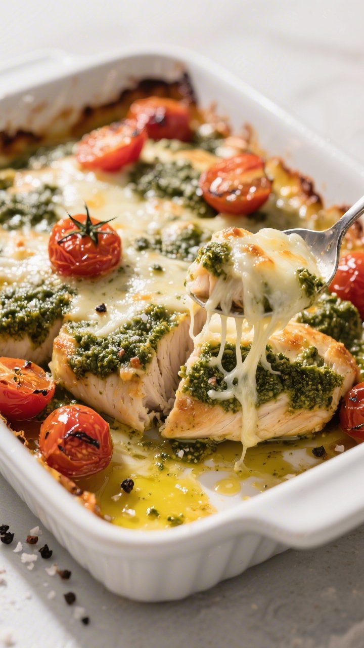 45-degree bake-to-table shot: cheesy pesto chicken bake with pounded chicken breasts smothered in vibrant basil pesto, crowned with molten, lightly browned mozzarella, cherry tomatoes burst and blistered, juices pooling with olive oil; coarse kosher salt and black pepper specks visible; served in a white ceramic baking dish, a spoon lifting a cheesy strand, sunlit, summery energy.
