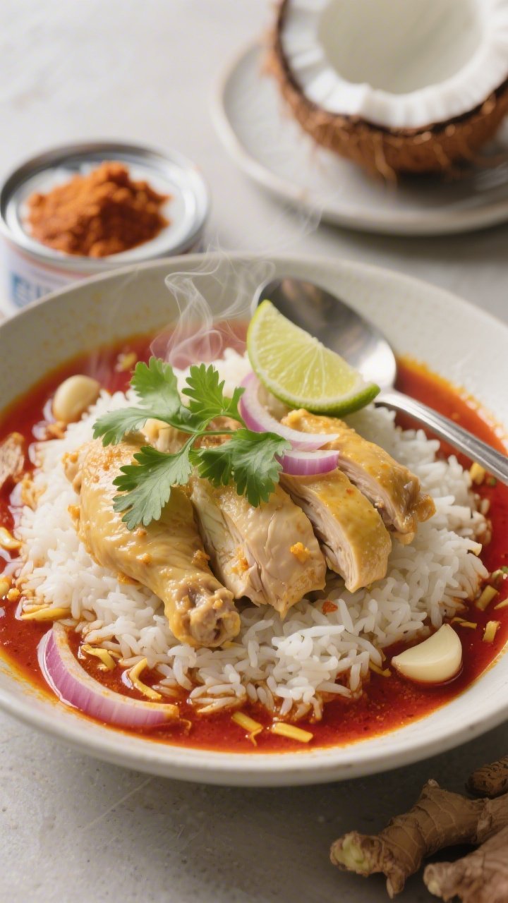 45-degree bowl shot of coconut curry poached chicken over fragrant jasmine rice: tender poached chicken pieces bathed in a glossy red/yellow curry-coconut milk broth with thinly sliced onion, grated ginger threads, and minced garlic visible. Garnished with fresh cilantro and a wedge of lime, steam gently rising. A spoon rests in the bowl; a can of coconut milk and a dab of curry paste on a small plate in the background. Soft, diffused light to emphasize velvety textures and soothing, aromatic mood.