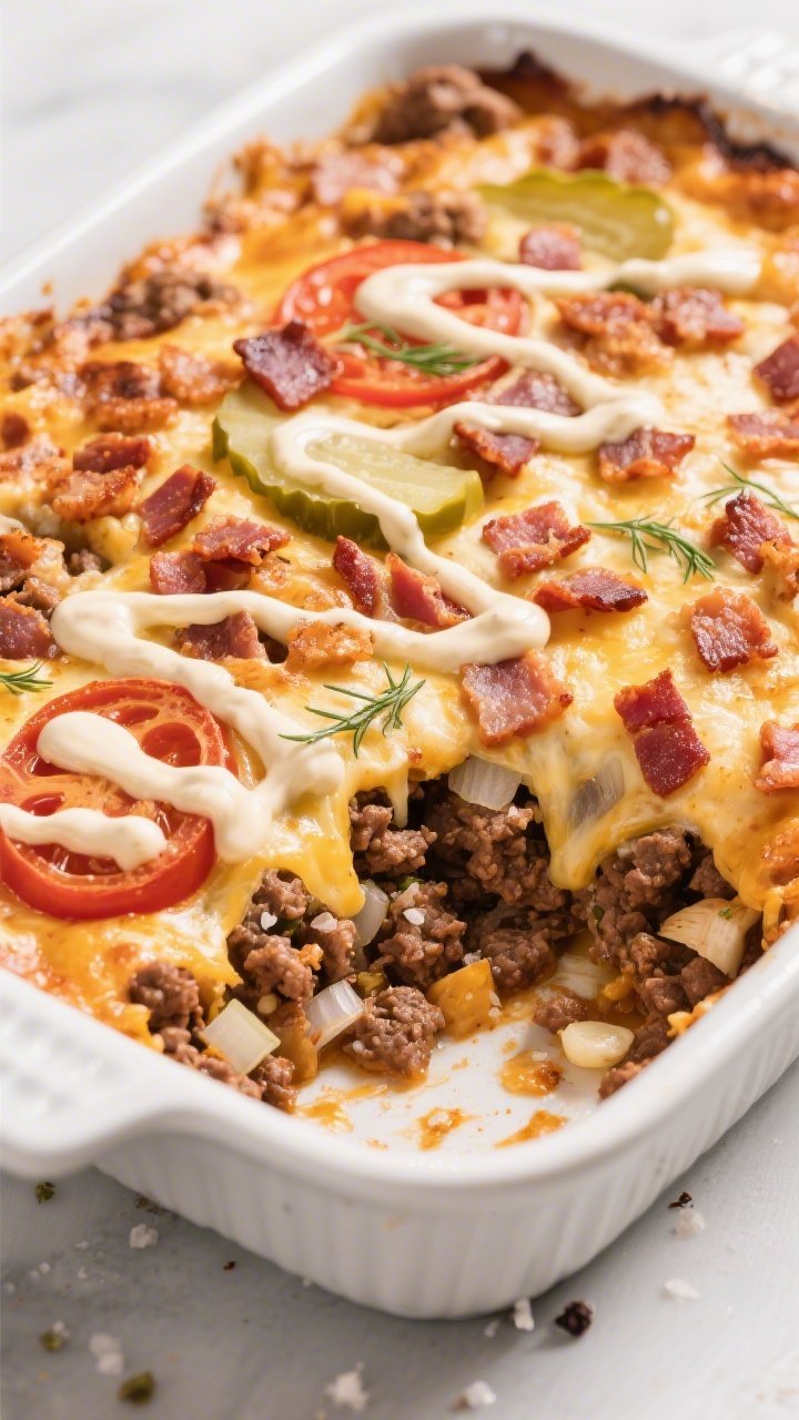 45-degree casserole dish reveal of loaded bacon cheeseburger casserole: bubbling cheese crust mottled with crispy chopped bacon, browned ground beef studded with diced onion and minced garlic beneath, seasoned with sea salt, black pepper, and smoked paprika. Visible swirls of tomato paste baked into the top, and a playful zigzag drizzle of creamy dill pickle sauce over the surface. Served in a white enamel baking dish with a corner scooped out to show the juicy, meaty interior.
