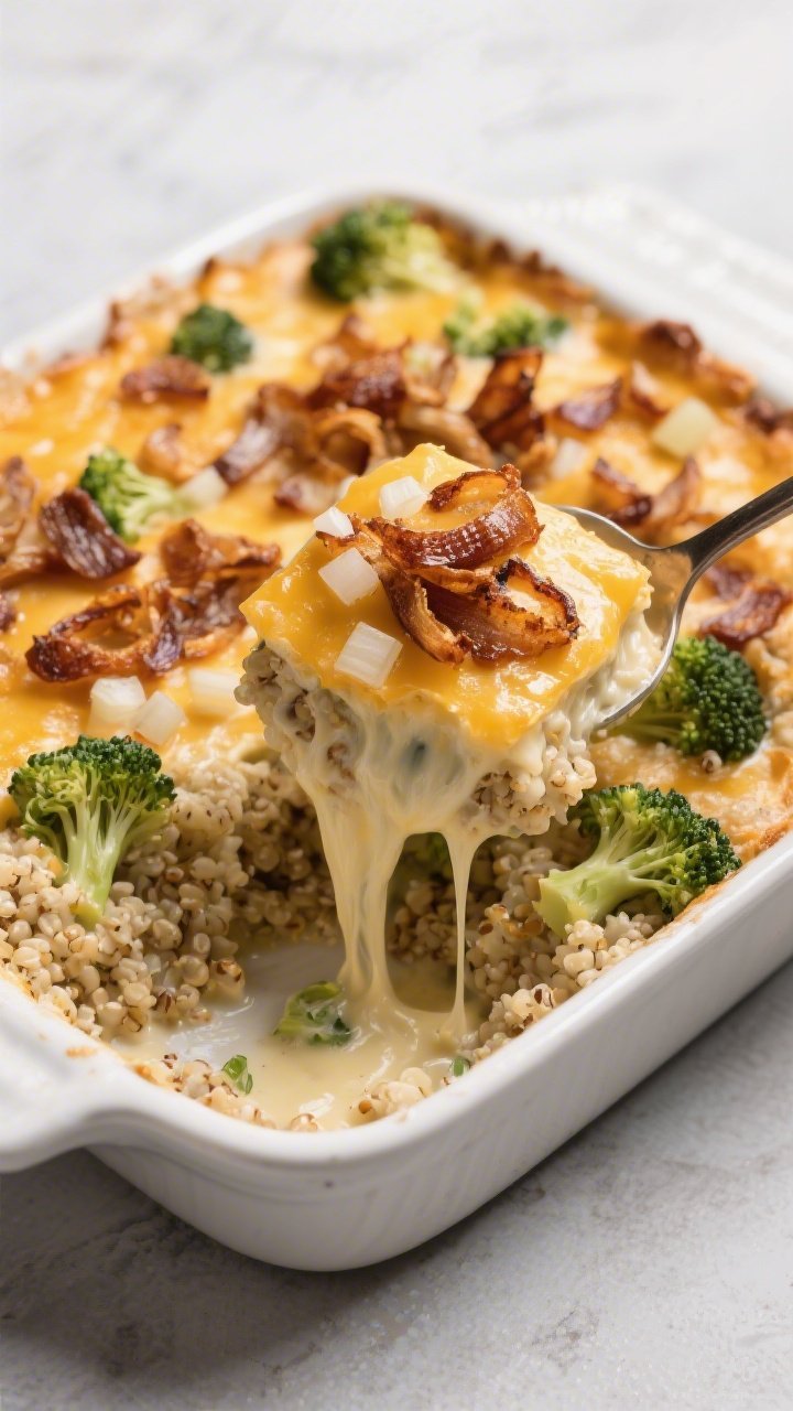 45-degree casserole shot of a cheesy broccoli quinoa bake: a bubbling baking dish with fluffy quinoa bound in a creamy cheese sauce, studded with small broccoli florets; the top crowned with a deeply browned, crispy onion topping (fried onion bits) over a lightly golden cheese crust; a serving spoon lifting out a square to reveal stretchy cheese, with diced onion and garlic aromatics visible in the interior.
