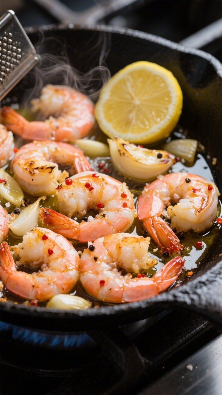 45-degree close-up action shot of a garlic-ghee shrimp skillet: large pink shrimp sizzling in melted ghee with thinly sliced garlic turning golden, flecks of crushed red pepper flakes, sea salt, cracked black pepper, and a final zesting of lemon over the pan. Steam rising, ghee gloss on shrimp, charred garlic edges, lemon half and microplane in frame; cooked in a black cast-iron skillet on a stovetop for a fast, 15-minute keto feel; warm, directional light highlighting the succulent shrimp.