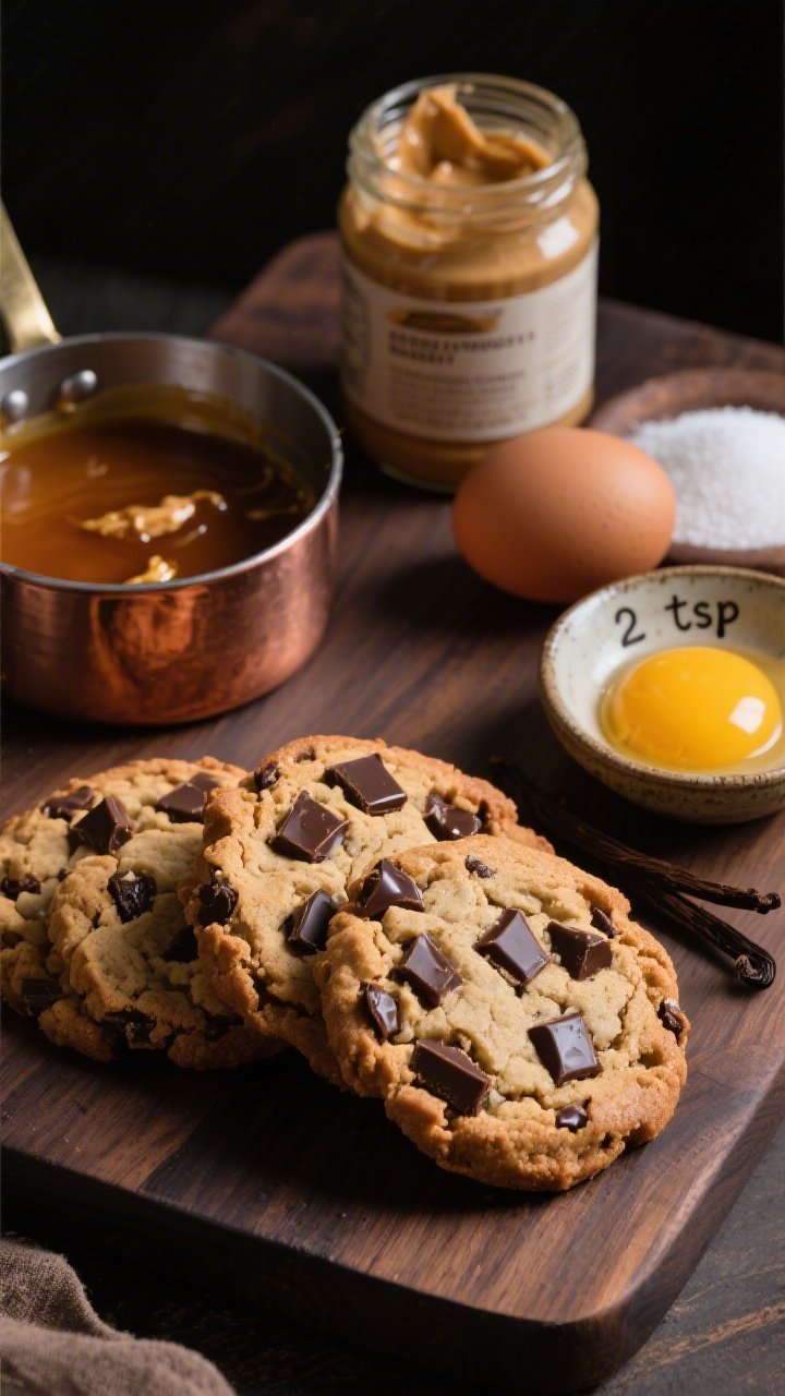 45-degree close-up of Brown Butter Bakery-Style cookies studded with glossy dark chocolate chunks and rippled edges, showing deep caramelized tones from browned unsalted butter and dark brown sugar; a small copper saucepan with browned butter milk solids, a jar of creamy peanut butter, granulated sugar, 1 whole egg plus an extra yolk on a ceramic dish, and a pinch bowl labeled “2 tsp” vanilla nearby; styled on a dark walnut board to emphasize contrast, dramatic side lighting for shine and texture.
