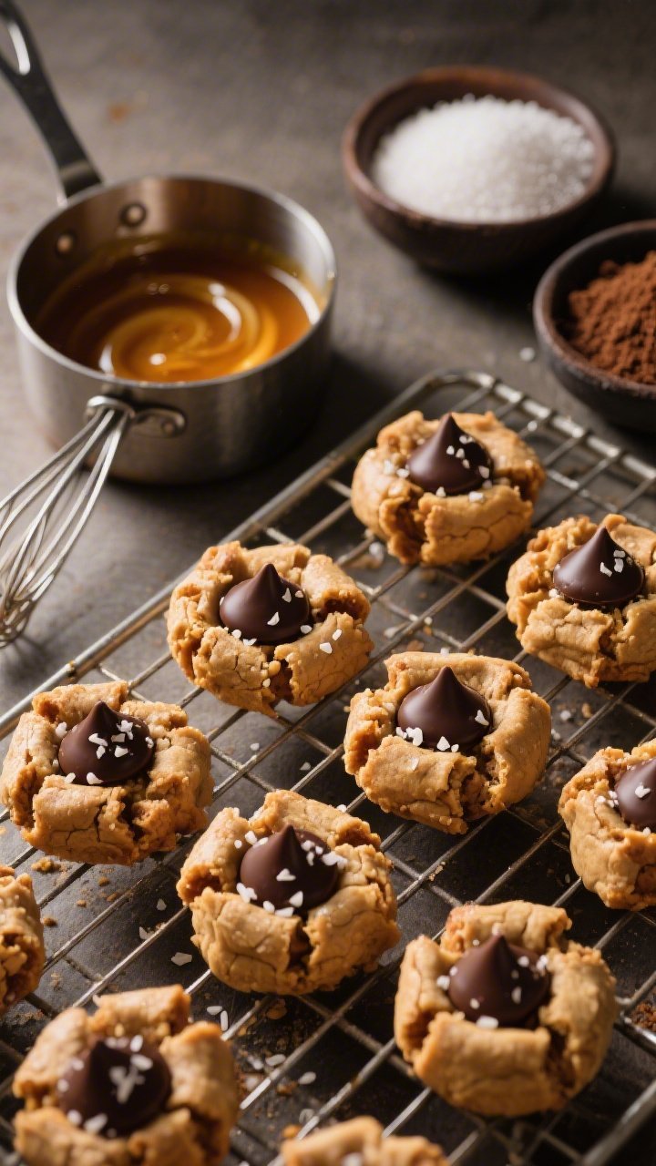 45-degree close-up of brown butter peanut butter blossoms on a cooling rack, centers crowned with slightly melted salted dark chocolate kisses sprinkled with flaky sea salt; a small saucepan of browned butter with toasty milk solids, a whisk, and measured piles of granulated sugar and dark brown sugar in pinch bowls in the background; rich, nutty color palette, dramatic side light highlighting caramelized edges and salt sparkle.