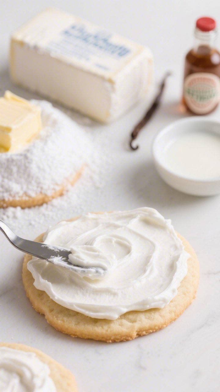 45-degree close-up of Cream Cheese Fluff Frosting spread plushly over round sugar cookies: cool-white, tangy silkiness with a faint sheen, tiny swoops from an offset spatula. Include key ingredients styled behind slightly out of focus: a block of full-fat cream cheese still partially wrapped, softened unsalted butter, a mound of sifted powdered sugar, a bottle of vanilla, and a small dish with 1–2 teaspoons of milk/cream. Clean, bright backdrop, subtle contrast to emphasize texture, professional depth of field.