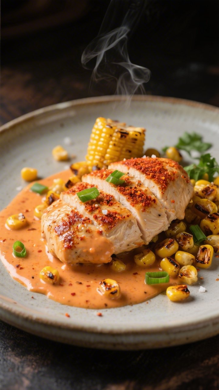 45-degree close-up of creamy Cajun chicken with pan-roasted corn on a ceramic plate: seared boneless chicken breasts (pounded to 1/2 inch) dusted with Cajun seasoning and kosher salt, napped in a luscious cream sauce with paprika-orange hue; sweet charred corn kernels scattered around, a few green scallion slices or parsley for color contrast; olive oil gloss, visible spice flecks, and gentle steam; moody, restaurant-style lighting to showcase indulgence.