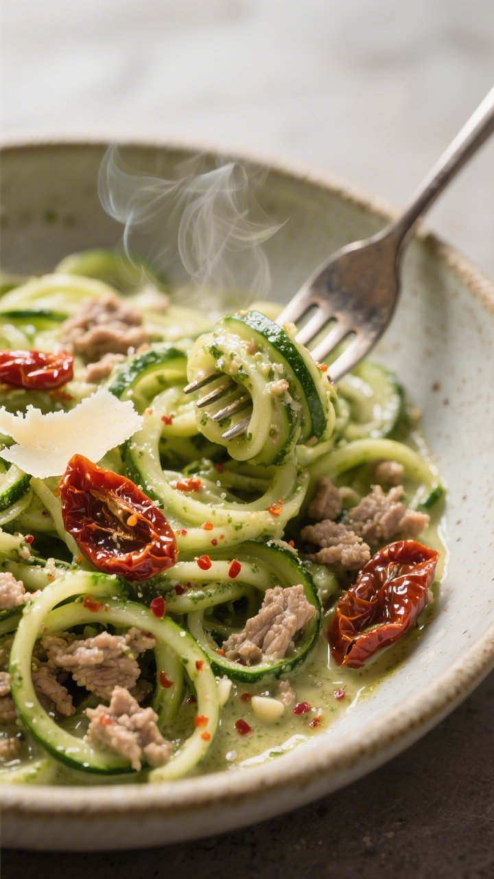 45-degree close-up of Creamy Pesto Turkey Zoodles: spiralized zucchini noodles twirled with sautéed ground turkey (93% lean) in a creamy basil pesto sauce, flecked with garlic powder, sea salt, black pepper, and mild heat from crushed red pepper flakes; dotted with sliced sun-dried tomatoes and shaved Parmesan, glossy olive oil highlights, steam gently rising; served in a shallow stoneware bowl with a fork lift to show saucy strands, warm green and gold tones, appetizing, high-contrast lighting.