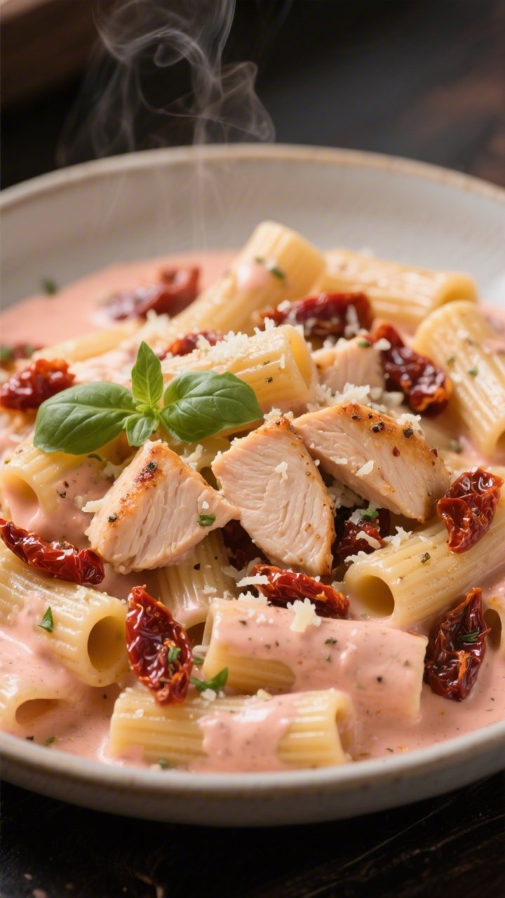 45-degree close-up of creamy sun-dried tomato chicken pasta twirled in a shallow pasta bowl: short pasta (rigatoni) coated in a silky, blush-colored cream sauce studded with chopped sun-dried tomatoes. Bite-size chicken breast pieces seared lightly, seasoned with Italian seasoning, salt, and pepper, nestled throughout. Glossy sauce clings to ridges, tiny flecks of herbs visible, a light snowfall of grated Parmesan and a few torn basil leaves for color. Warm, moody light with gentle steam for an indulgent pasta-night vibe.
