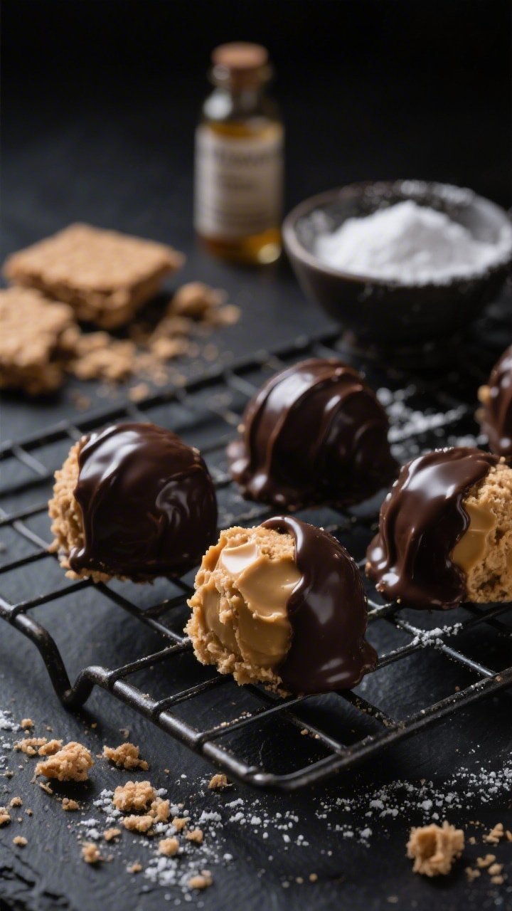 45-degree close-up of Dark Chocolate–Dipped PB Truffles set on a cooling rack over a dark slate: silky peanut butter centers made with softened butter (or coconut oil), powdered sugar, and finely ground graham crackers, half-dipped in glossy dark chocolate with delicate chocolate drips; a small bowl of sifted powdered sugar, crumbs of graham crackers, and a vial of vanilla extract blurred in the background; moody lighting, tight focus on the sheen of the chocolate and fine crumb texture.