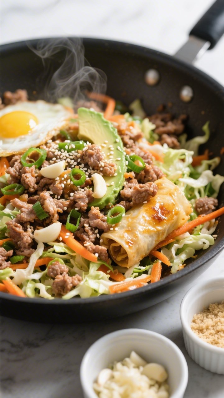 45-degree close-up of “egg roll in a bowl” in a wide skillet: sizzling ground pork crumbles tossed with minced garlic, fresh grated ginger, and a colorful coleslaw mix of shredded cabbage and carrots; edges slightly caramelized, wisps of steam, glossy avocado/olive oil sheen; garnished with thinly sliced green onion and sesame seeds for crunch (optional styling), with small ramekins of minced garlic and grated ginger beside the pan; bright, punchy lighting to accent the crunchy textures.