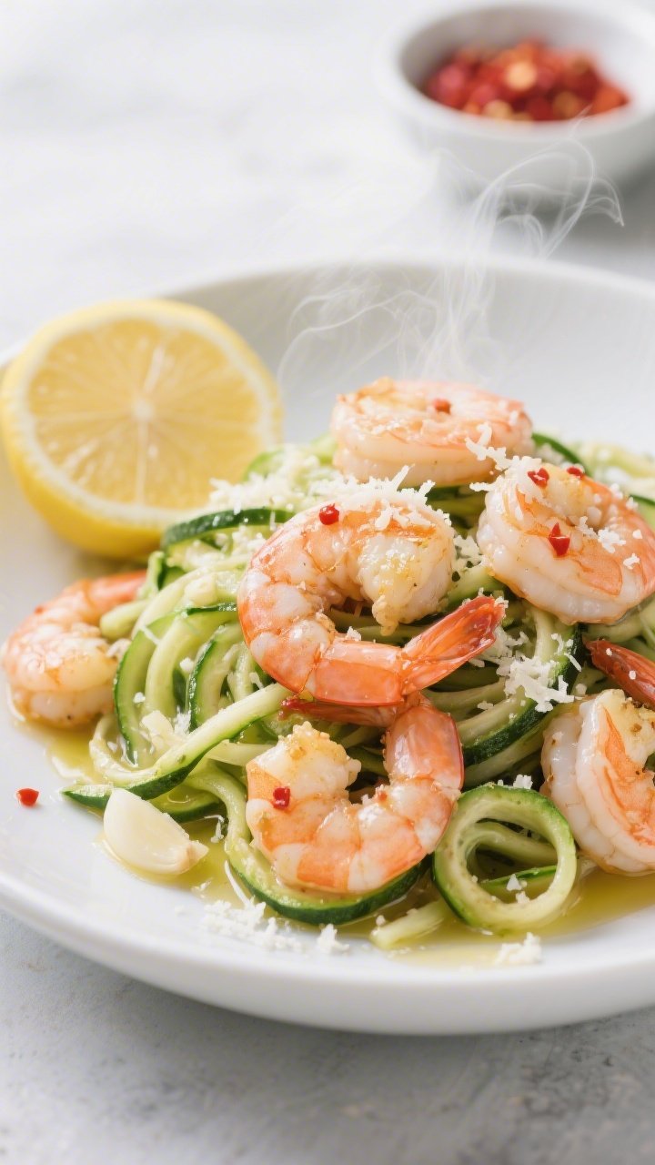 45-degree close-up of Garlicky Shrimp Zoodles: large shrimp sautéed in butter and olive oil with minced garlic and a hint of crushed red pepper, piled over glossy spiralized zucchini noodles. A fine snowfall of grated Parmesan and fresh lemon zest is visible on top, with a halved lemon and a small dish of red pepper flakes in the background. Steam subtly rising, shrimp pink and juicy, zoodles vibrant green with a light sheen. Shot on a white ceramic shallow bowl for a clean, bright Mediterranean feel.