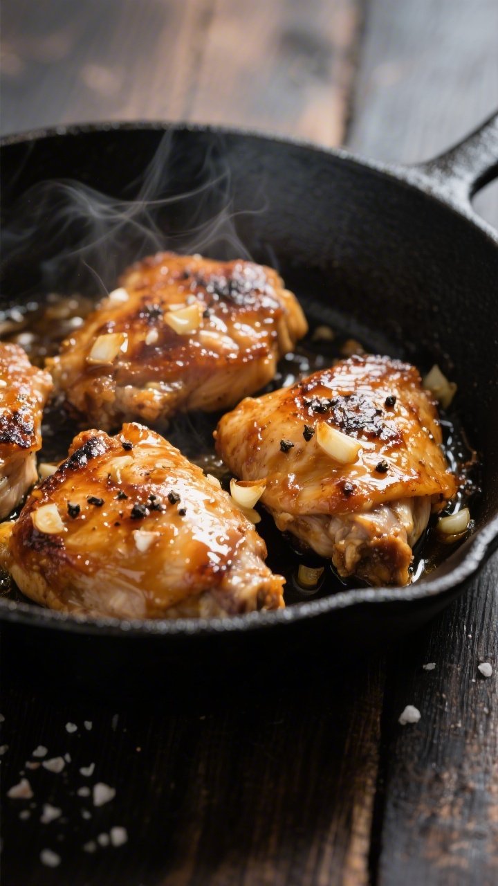 45-degree close-up of sticky honey-garlic chicken thighs in one skillet: boneless, skinless chicken thighs seared in a neutral oil, coated in a lacquered honey-garlic glaze with minced garlic visibly clinging to the surface; slight charred edges, a sprinkle of black pepper and kosher salt crystals, steam rising from the pan; set in a matte black cast-iron skillet on a dark wood table for a cozy weeknight feel.