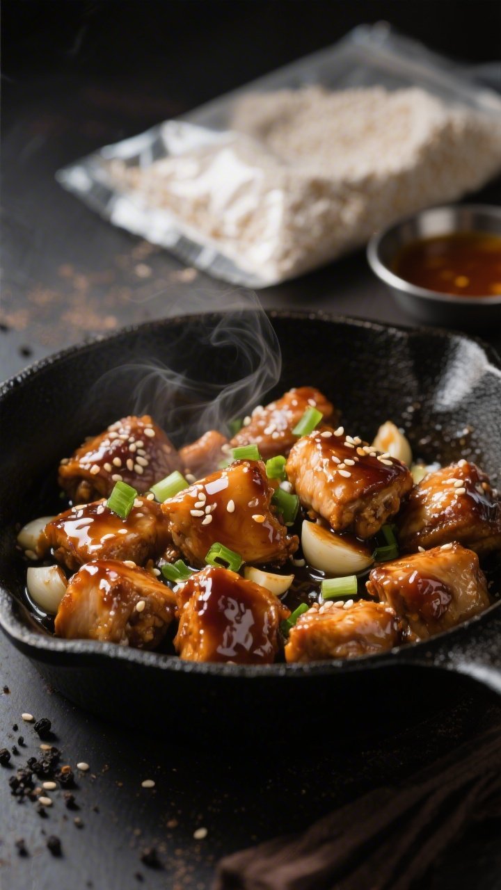 45-degree close-up of Sticky Honey-Soy Garlic Chicken Bites in a shallow black skillet: glossy, lacquered 1-inch chicken thigh pieces tossed with minced garlic, the sauce clinging from honey-soy reduction, a hint of steam rising; specks of black pepper, a dusting of cornstarch bag in the background, neutral oil sheen; garnished with sesame seeds and scallions for pop; moody, high-contrast lighting to showcase sticky texture; served with a small dish of extra sauce to the side.