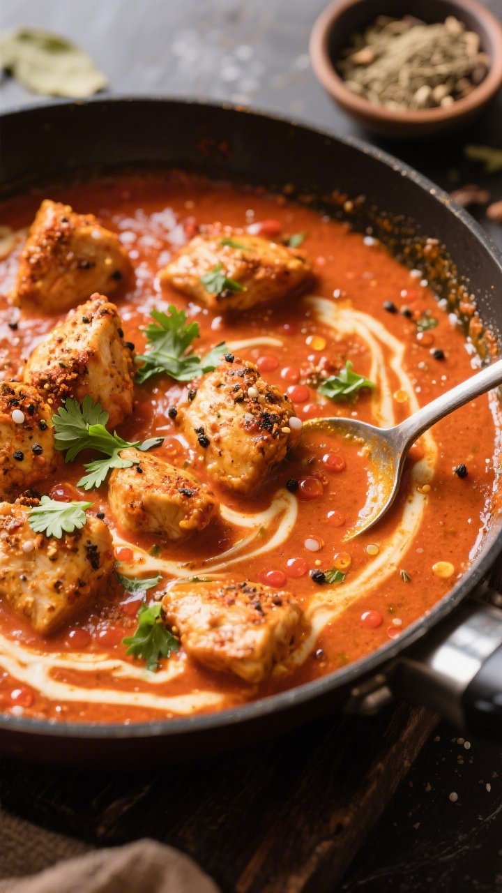 45-degree cooking-process shot of weeknight chicken tikka masala: bite-size chicken pieces dusted with garam masala, cumin, salt, and black pepper simmering in a rich tomato-cream sauce; warm orange-red hue, oil droplets shimmering on the surface, swirls from a recent stir; scattered cilantro leaves and a spoon resting in the saucepan; background includes a small bowl of garam masala and cumin for context; bold, cozy curry-house vibe.