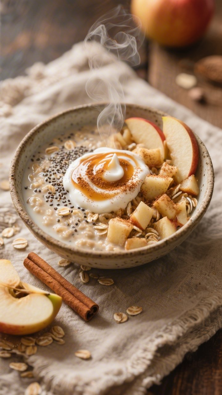 45-degree cozy breakfast scene of warm apple pie chia oats in a rustic bowl: creamy oats (1/2 cup rolled oats + 1 tablespoon chia seeds simmered in 1 cup unsweetened almond milk) folded with diced apple, cinnamon, vanilla, and a pinch of salt; steam rising; a glossy maple yogurt swirl on top with extra cinnamon dusted; apple slices and a cinnamon stick beside the bowl; warm tones, textured linen, inviting and comforting.
