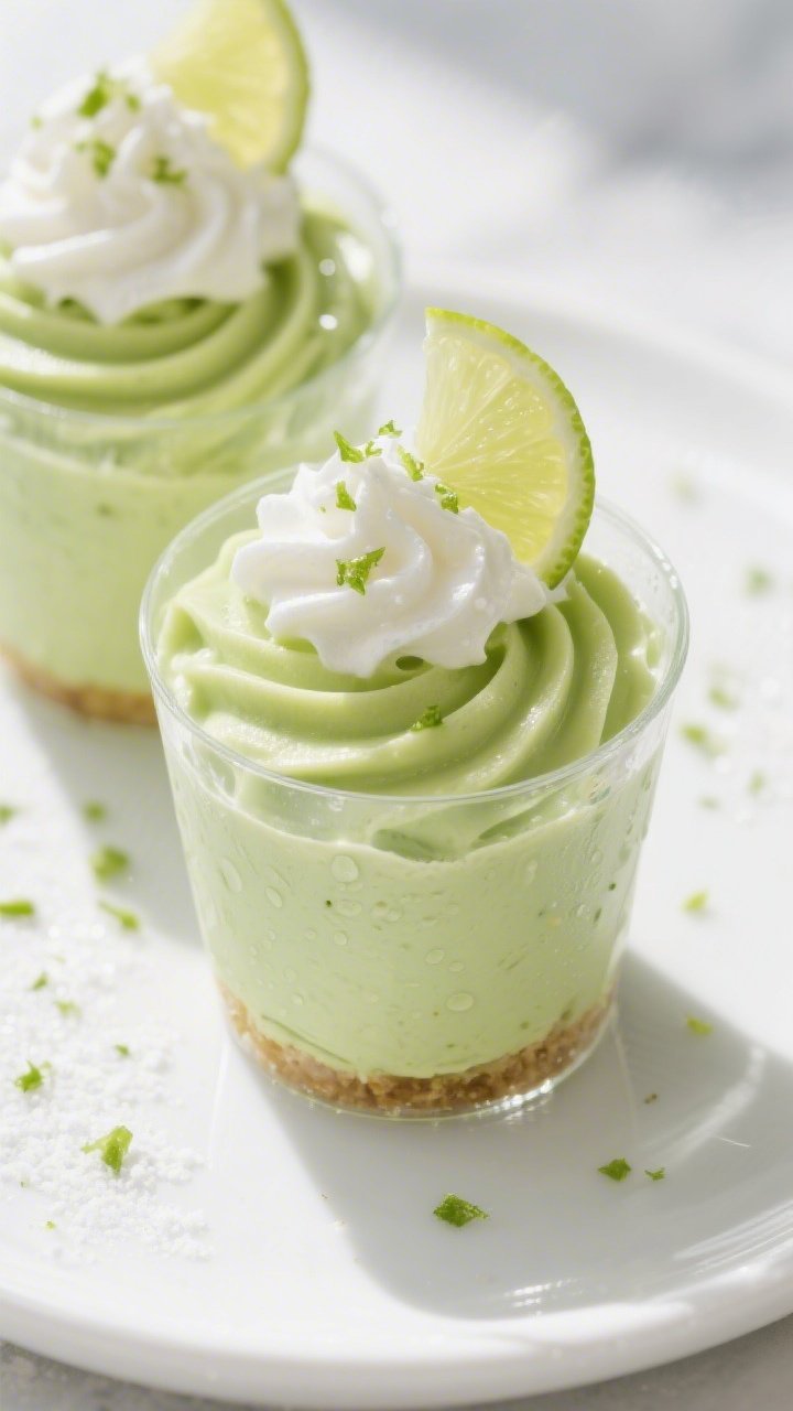 45-degree dessert glamour shot of no-cook avocado lime cheesecake mousse cups: silky pale-green mousse piped into clear glass cups, made from ripe avocados, cream cheese, powdered erythritol/allulose, fresh lime juice, vanilla, sea salt, and whipped cream folded in. Topped with softly whipped cream, microplaned lime zest, and a thin lime wheel; subtle condensation on glass. Placed on a white plate with scattered lime zest, bright, airy light to highlight creamy swirls and luscious texture.