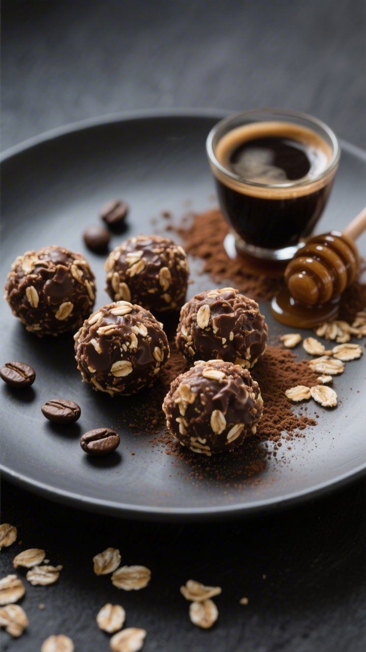 45-degree dynamic shot of Mocha Espresso Crunch Balls: bites rolled with visible old-fashioned rolled oats and chocolate protein powder, espresso notes emphasized by a small cup of dark espresso and scattered espresso powder; honey/maple syrup sheen catching light; placed on a matte charcoal plate with a few coffee beans and oat flakes around; contrasty lighting to highlight mocha depth and crunchy texture.