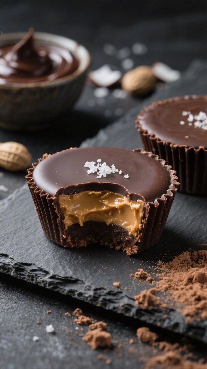 45-degree macro of no-bake peanut butter protein cups on a slate board: layered dark chocolate bases topped with thick peanut butter-protein filling (made with natural peanut butter, whey or plant protein powder, coconut flour, and powdered erythritol/monk fruit), finished with a glossy dark chocolate cap and flaky sea salt crystals; one cup cut open to show distinct layers, a small bowl of cocoa-dark melted chocolate in the background, scattered protein powder and coconut flour hints, rich contrasty lighting highlighting chocolate shine and peanut butter texture.