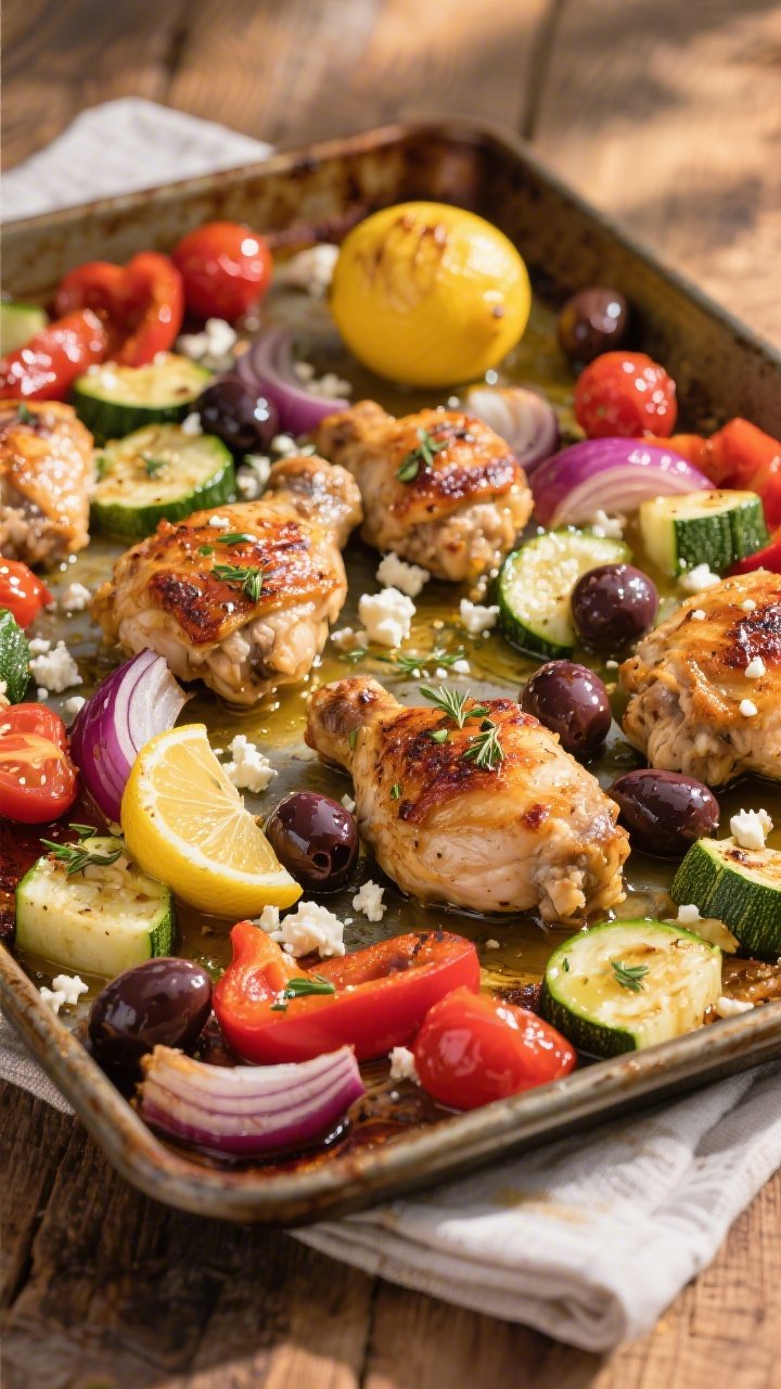45-degree one-pan Greek lemon chicken on a sheet pan: roasted chicken thighs with caramelized edges nestled among chopped zucchini, red onion wedges, red bell pepper, burst cherry tomatoes, and glossy Kalamata olives; lemon rounds roasted alongside and feta crumbles sprinkled over; olive oil sheen and oregano specks visible; rustic baking tray on a wooden table with a napkin, golden hour lighting.