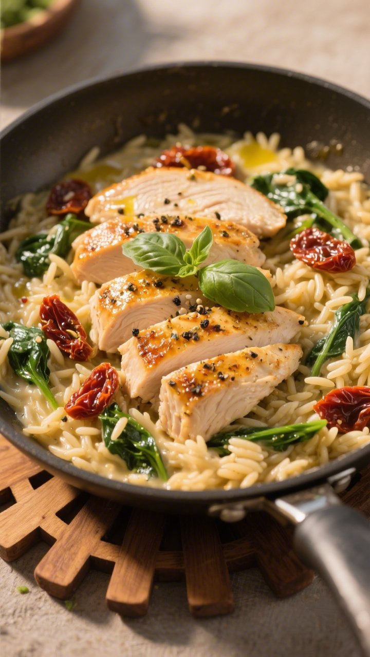 45-degree one-pan presentation of creamy Tuscan chicken orzo in a wide, shallow skillet: thinly sliced chicken breasts seasoned with Italian seasoning, kosher salt, and black pepper, nestled in glossy, creamy orzo with sun-dried tomatoes and wilted spinach; drizzle of olive oil catching the light, golden bits of chicken sear visible; garnished with fresh basil and cracked pepper, warm golden-hour lighting, rustic wooden trivet beneath the pan