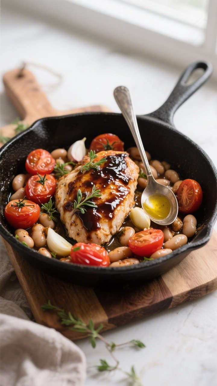 45-degree one-pan scene: balsamic-glazed chicken breasts nestled among burst cherry tomatoes and cannellini beans in a black skillet. Sliced garlic visible, sticky balsamic reduction clinging to the chicken, tomatoes split and glossy, beans soaked in pan juices. Sprigs of fresh herbs and a final olive oil sheen, set on a wooden board with a serving spoon, cozy weeknight dinner feeling, natural window light.