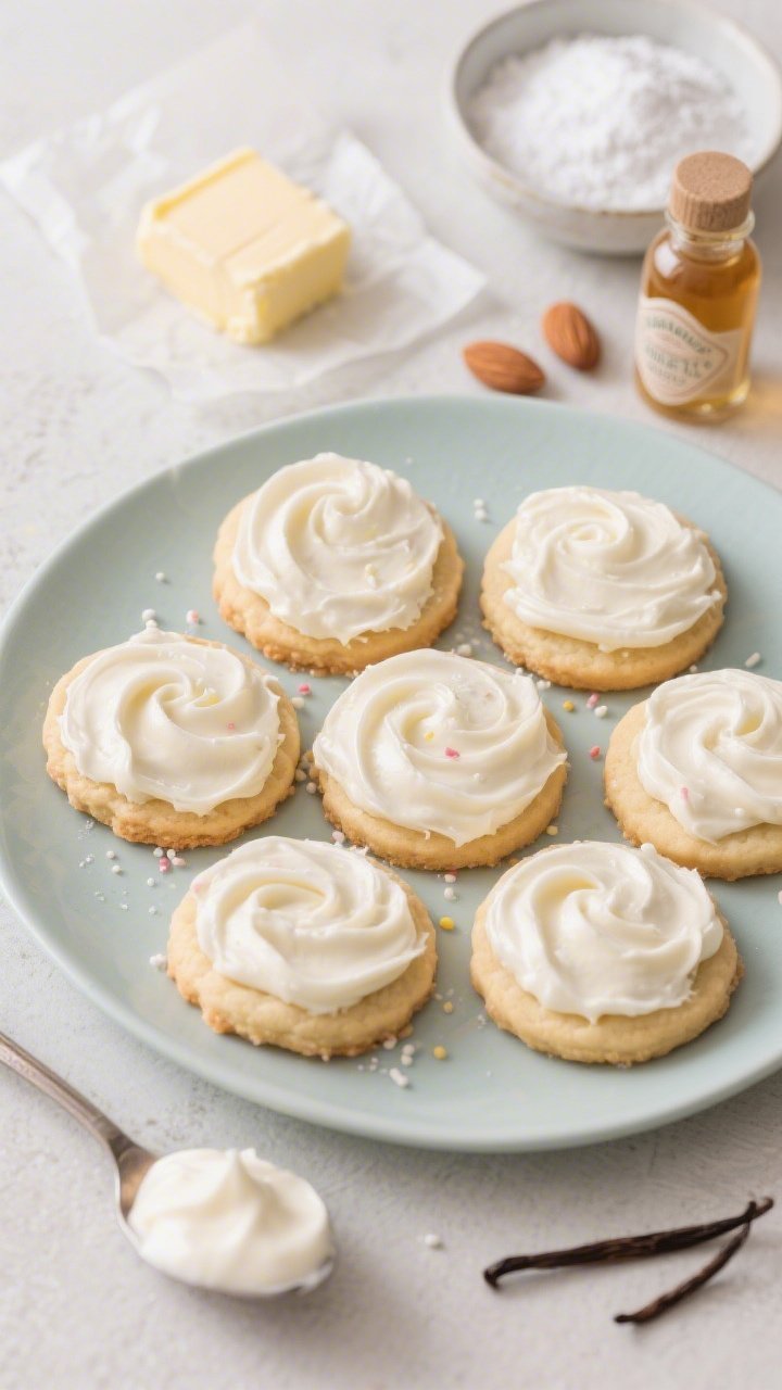 45-degree plated array of Sugar Cookies topped with Sour Cream Sugar Cookie Frosting that stays plush for days: smooth, velvety swaths with gentle peaks, slightly warmer ivory tone. Include ingredient cues in the scene: a spoonful of full-fat sour cream, softened butter on parchment, sifted powdered sugar in a bowl, vanilla extract, and a small bottle labeled almond extract (optional). Arrange cookies on a matte pastel plate with minimal sprinkles for contrast. Soft, cozy mood, diffused light highlighting creamy body.