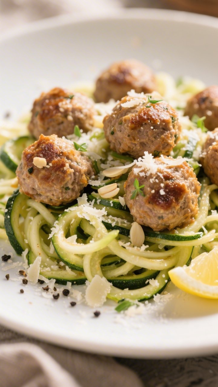 45-degree plated close-up of garlicky turkey zucchini meatballs piled over lemon-parmesan zoodles: spiralized zucchini coated in a light lemon zest and parmesan sheen, dotted with golden-brown turkey-zucchini meatballs flecked with garlic and almond flour; micro-grated parmesan snowfall, cracked black pepper, and a squeeze of lemon visible; shallow depth of field, warm directional light highlighting juicy meatball texture and glossy zoodles.