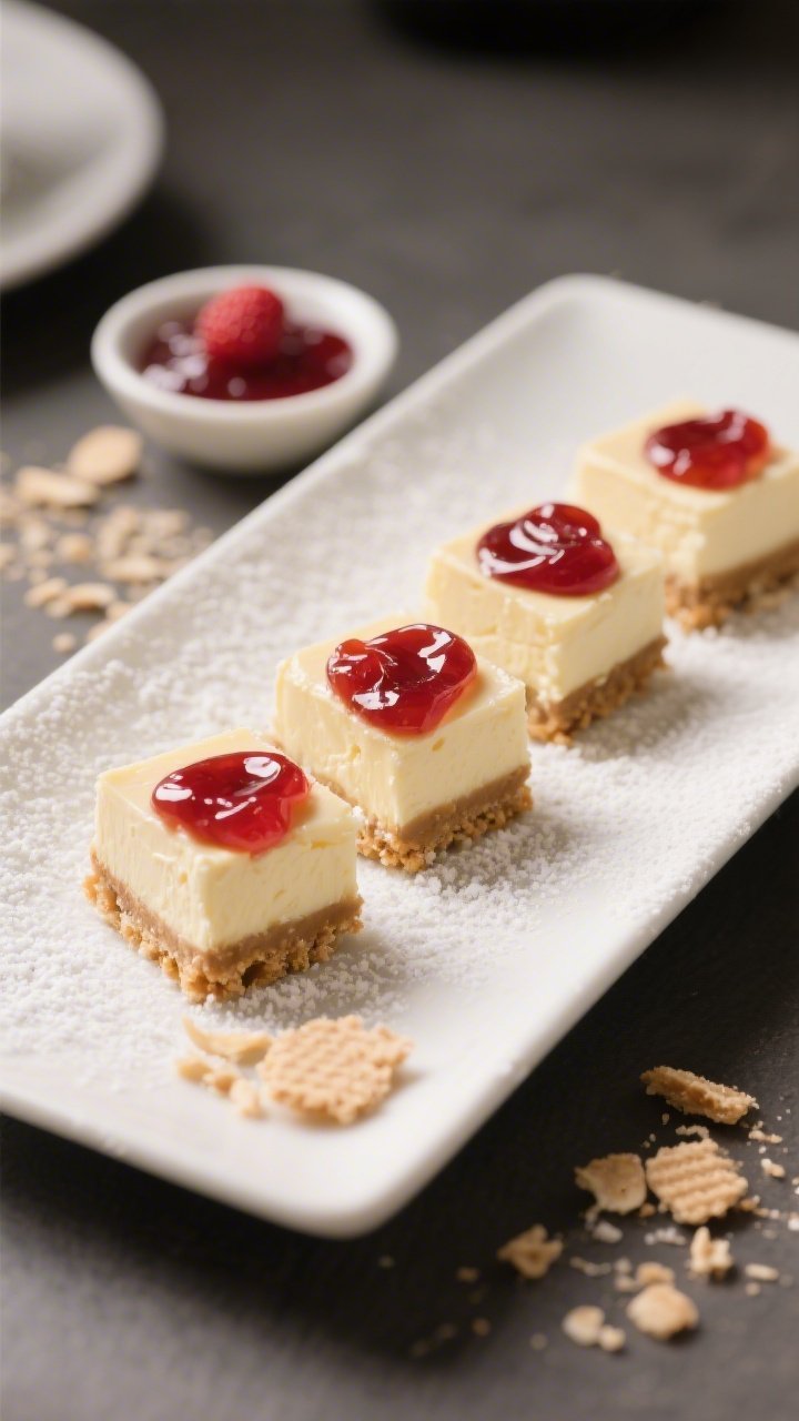 45-degree plated dessert shot of PB&J Cheesecake Bites: creamy peanut butter–cream cheese squares on a finely crushed vanilla wafer crust, topped with a glossy swirl of strawberry or raspberry jam and a light dusting of powdered sugar; tidy rows on a matte white plate with a small dish of jam and scattered vanilla wafer crumbs; soft, inviting lighting and a rich, velvety focus on the cheesecake filling.