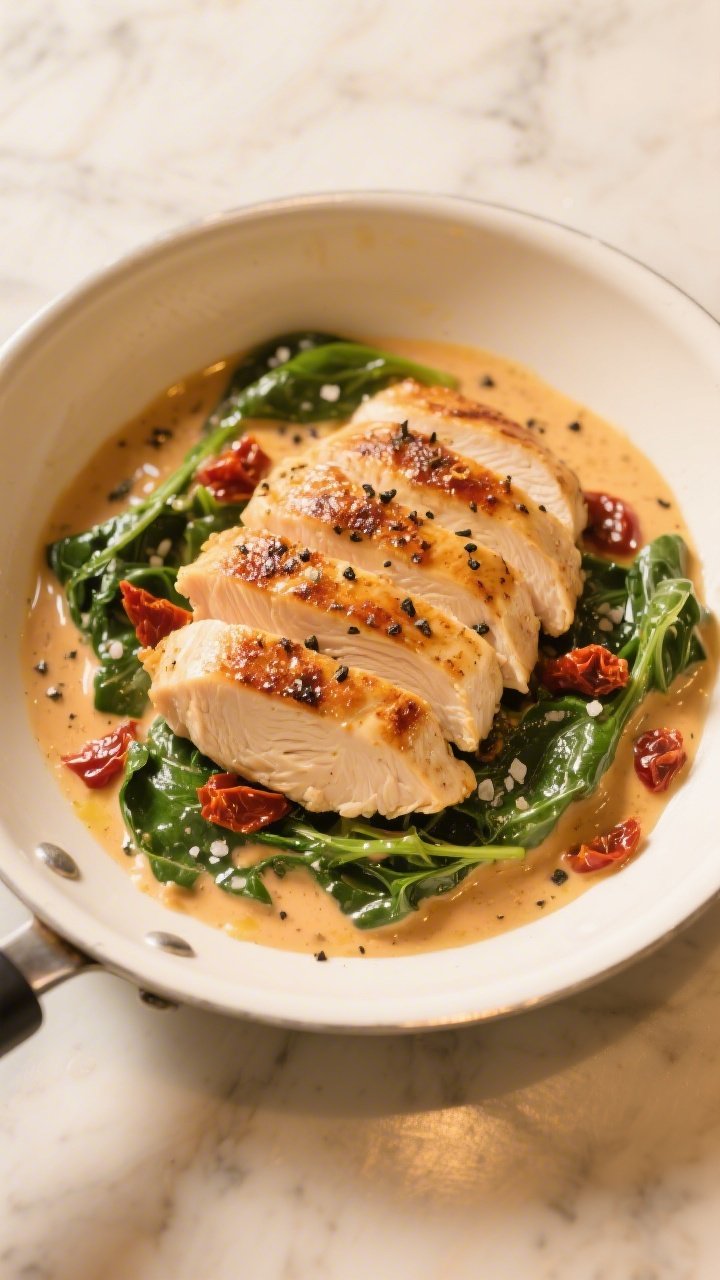 45-degree plated presentation: creamy Tuscan chicken skillet—seared boneless, skinless chicken breasts sliced to show juiciness, bathed in a velvety sun-dried tomato cream sauce with wilted spinach; flecks of black pepper and kosher salt visible; sauce clinging to the chicken with glossy olive oil notes; set in a shallow white skillet on a light marble background, warm golden light for an inviting Italian bistro mood.
