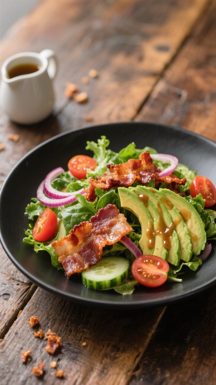 45-degree plated presentation of a BLT Avocado Crunch Salad with Smoky Bacon Vinaigrette: thick-cut bacon pieces crisp and glistening, fanned slices of ripe avocado, halved cherry tomatoes, mixed greens (romaine and baby spinach) piled high, thinly sliced red onion rings, and thin half-moons of English cucumber; a visible drizzle of smoky bacon vinaigrette pooling lightly on the greens; served in a shallow matte-black bowl on a rustic wooden table with a small pitcher of vinaigrette and a few bacon crumbles scattered; warm, appetizing light for a hearty, crunchy vibe.