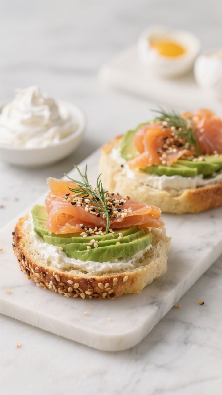 45-degree plated presentation of airy, golden seeded cloud bread slices topped with silky avocado fan, ribbons of smoked salmon, fresh dill fronds, and a sprinkle of sugar-free everything bagel seasoning and extra sesame seeds; the cloud bread’s pillowy texture and browned edges are in focus, with soft cream cheese in a small dish and whipped egg whites with a dash of cream of tartar blurred in the background, styled on a light marble surface for a clean, elegant brunch vibe.