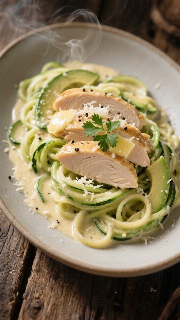 45-degree plated presentation of creamy avocado chicken zoodle alfredo: glossy zucchini zoodles twirled into nests, coated in a silky avocado-parmesan-heavily creamy sauce, topped with juicy sliced cooked chicken breast/thighs. Butter sheen visible on zoodles, grated parmesan sprinkled on top, cracked black pepper, and a few parsley leaves for color. Served in a wide shallow bowl on a rustic wood table, soft directional light highlighting the sauce’s velvety texture, steam subtly rising.