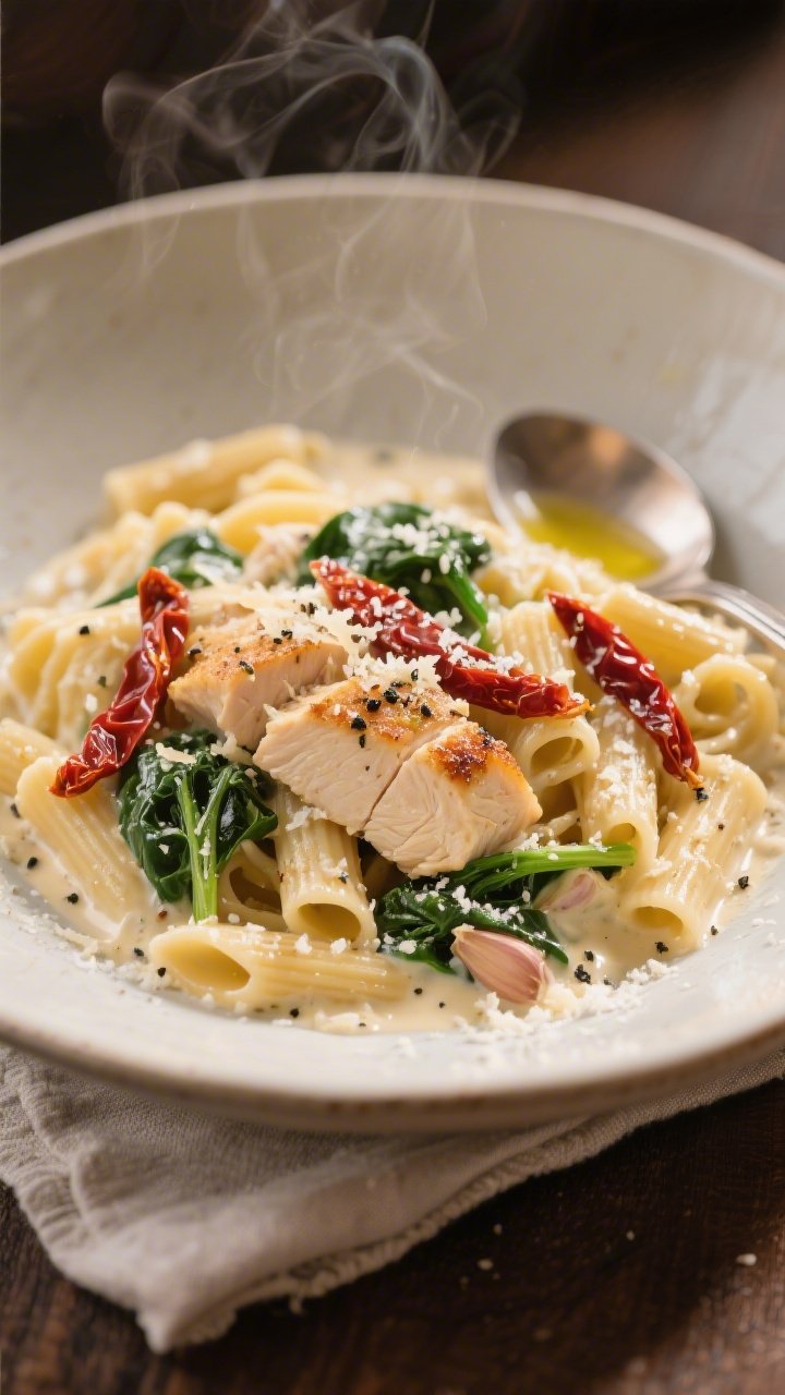 45-degree plated presentation of creamy one-pot Tuscan chicken pasta in a wide shallow bowl: bite-size seared chicken breast pieces tucked into al dente pasta coated in a silky cream sauce; visible Italian seasoning and black pepper, minced garlic gloss, wilted spinach and sun-dried tomato ribbons for pops of red and green; a gentle parmesan snowfall and a drizzle of olive oil; warm, cozy mood with soft steam and a spoon resting on linen.
