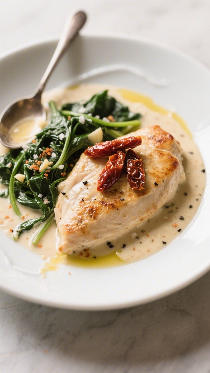 45-degree plated presentation of creamy Tuscan chicken: seared boneless chicken breast cutlets in a silky cream sauce infused with sun-dried tomatoes (use their olive oil), wilted spinach ribbons, and specks of garlic powder, seasoned with kosher salt and black pepper. Sauce gloss clinging to the chicken, extra slivers of sun-dried tomatoes on top, served in a shallow white bowl with a spoon trail showing the sauce’s richness, warm Italian farmhouse vibe.