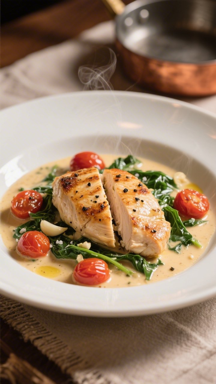 45-degree plated presentation of Creamy Tuscan Chicken with Cherry Tomatoes and Spinach: seared, halved chicken breasts coated in a lush cream sauce with burst cherry tomatoes, wilted spinach ribbons, garlic flecks, and a glossy finish from butter and olive oil; visible grind of black pepper and a sprinkle of kosher salt; served in a wide shallow white bowl with sauce pooling invitingly; warm restaurant-worthy mood in 30 minutes, gentle steam rising, soft golden side light, rustic linen beneath and a small copper pan in background hinting at the sauté process.