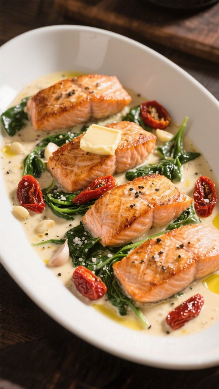 45-degree plated presentation of creamy Tuscan salmon: four seared, skin-on salmon fillets nestled in a velvety cream sauce dotted with sun-dried tomatoes and wilted spinach, speckled with sea salt and black pepper. Visible garlic bits glisten in the sauce; a drizzle of olive oil and a pat of melting butter ride atop one fillet. Served in a wide, shallow white skillet; warm, golden light highlights flaky salmon and sunset-red tomatoes.