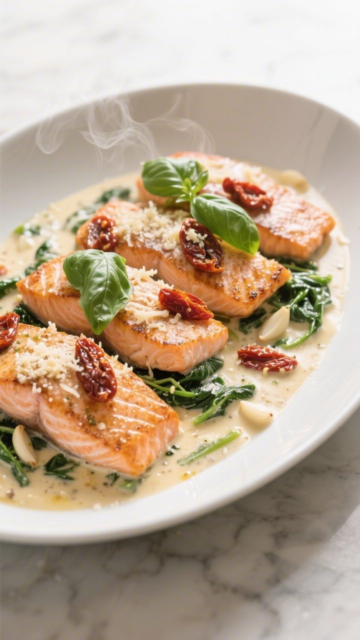 45-degree plated presentation of creamy Tuscan salmon: four seared, skin-on salmon fillets nestled in a lush Parmesan cream sauce studded with sliced sun-dried tomatoes, wilted spinach, and minced garlic; glossy basil leaves scattered on top. Sauce clings to the fish with visible micro-bubbles; served in a wide shallow white skillet on a light marble surface; steam subtly rising, soft diffused light.