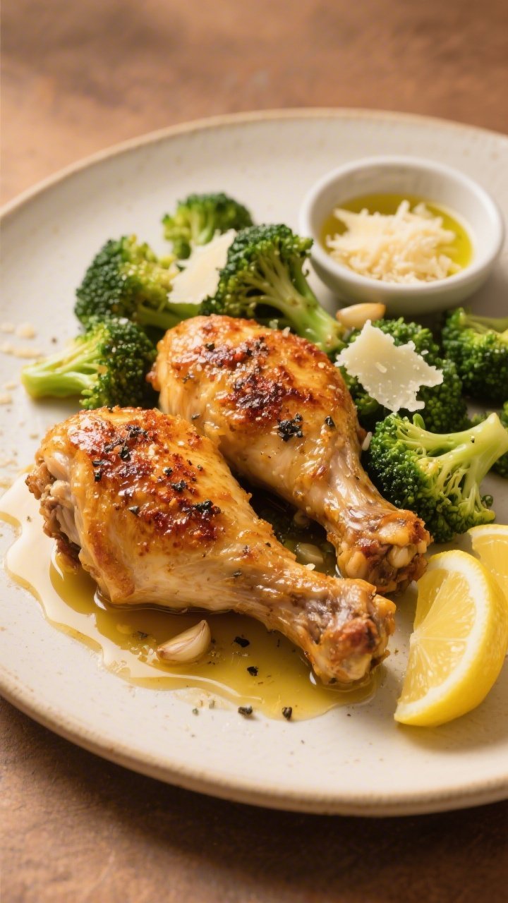 45-degree plated presentation of crispy chicken thighs with garlic-parm broccoli and lemon butter: golden, crackly-skinned bone-in chicken thighs seasoned with sea salt, black pepper, garlic powder, and smoked paprika, roasted until blistered; served with vibrant broccoli florets tossed in garlic, melted butter, and freshly grated Parmesan; a glossy lemon-butter puddle and lemon wedges on the side. Plated on a warm, off-white ceramic platter with a small bowl of grated Parm and a brush of avocado oil sheen; crisp textures, savory steam, and a cozy, comforting dinner mood.