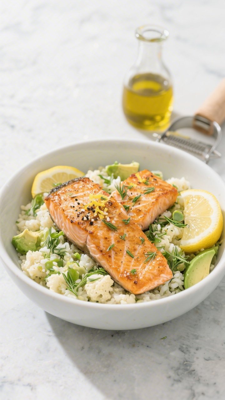 45-degree plated presentation of Crispy Lemon-Dill Salmon Bowls with Avocado Cauli Rice: golden, skin-on salmon portions with crackly skin, seasoned with sea salt, black pepper, garlic powder; bright lemon zest and juice sheen; a fresh sprinkle of chopped dill; avocado-studded cauliflower rice as the base, fluffy and pale green; thin lemon rounds and microgreens for brightness; light, airy, coastal mood with soft natural daylight; served in a wide white bowl on a pale stone surface, a tiny carafe of avocado oil and a lemon zester in frame, no people