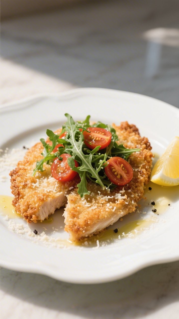 45-degree plated presentation of crispy Parmesan chicken cutlets: thin chicken cutlets breaded in flour, egg, and a panko–finely grated Parmesan mixture, fried to a deeply golden, craggy crust; topped with a quick tomato–arugula salad (peppery arugula, halved cherry tomatoes, a drizzle of olive oil, pinch of kosher salt and black pepper), lemon wedge on the side; served on a white ceramic plate with light, bright daylight and a shallow depth of field highlighting the crunchy texture.