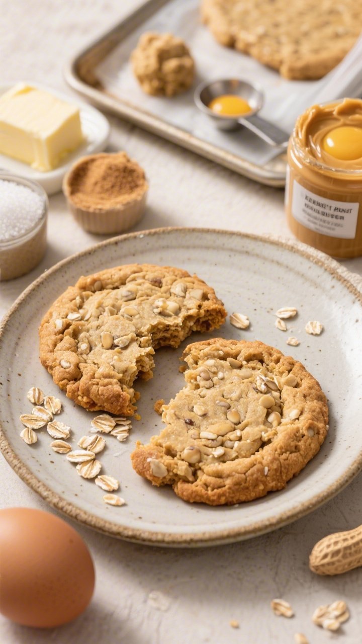 45-degree plated presentation of jumbo bakery-soft peanut butter oatmeal cookies, thick and nubby with visible oat texture, golden and chewy. Arrange two oversized cookies on a rustic ceramic plate with a few oats scattered, plus a freezer-friendly cue: a tray in the background with portioned dough scoops and labeled freezer bag. Styling items include softened butter, creamy peanut butter, granulated sugar, light brown sugar, and an egg with extra yolk. Warm, homey mood, natural light, crisp focus on the oat flecks and plush interior where one cookie is broken open.