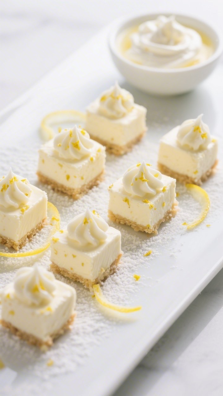 45-degree plated presentation of no-bake lemon cheesecake bites: bite-size creamy squares piped with soft peaks, pale ivory with vivid flecks of lemon zest, lightly dusted with powdered erythritol; arranged on a chilled white plate with ribbons of lemon zest and a small bowl of whipped mixture (cream cheese, heavy cream, lemon juice) in the background; bright, clean lighting for a fresh, zesty mood, smooth cheesecake texture in crisp focus.