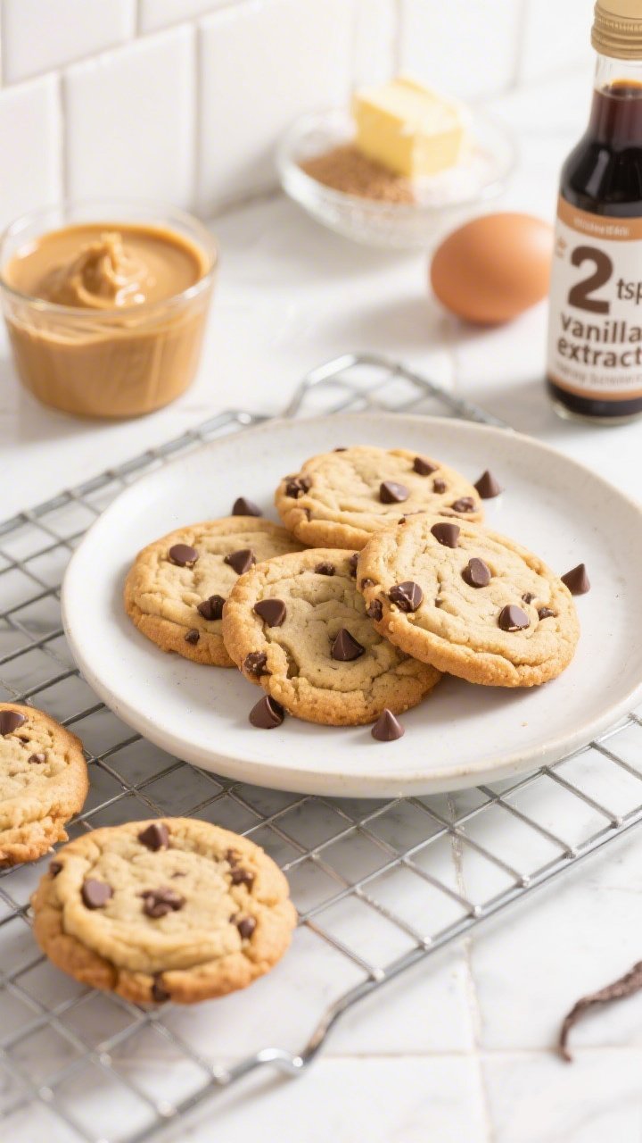 45-degree plated presentation of No-Chill Weeknight Peanut Butter Cookies with crisp edges and tender centers, still-warm on a cooling rack with a few on a small dessert plate; visible ringed edges, even golden color, and scattered chocolate chips; props show melted unsalted butter in a glass, creamy peanut butter, packed light brown sugar, granulated sugar, 1 egg, and a bottle reading “2 tsp vanilla extract”; bright weekday kitchen vibe, quick-prep energy, clean white tile background, soft daylight emphasizing crispness and inviting bite.