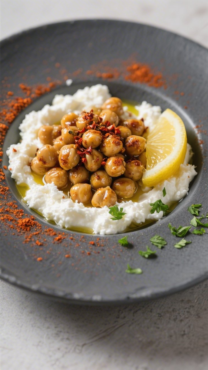 45-degree plated shot of a Savory Cottage Cheese Bowl With Smoky Chickpeas: a shallow bowl filled with creamy cottage cheese (2% or 4%), crowned with chickpeas tossed in olive oil, smoked paprika, ground cumin, and a pinch of chili flakes; the chickpeas are slightly glistening and caramelized at the edges, paprika dusting the rim, with a squeeze of lemon wedge on the side and a sprinkle of chopped parsley for color, served on a matte slate plate for contrast.